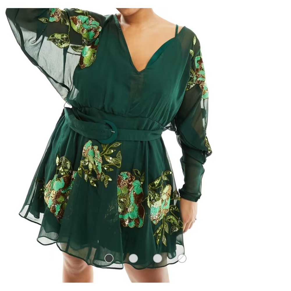 ASOS DESIGN Green Floral Sequin Mini Dress Long Sleeve Belted V-Neck Size 8